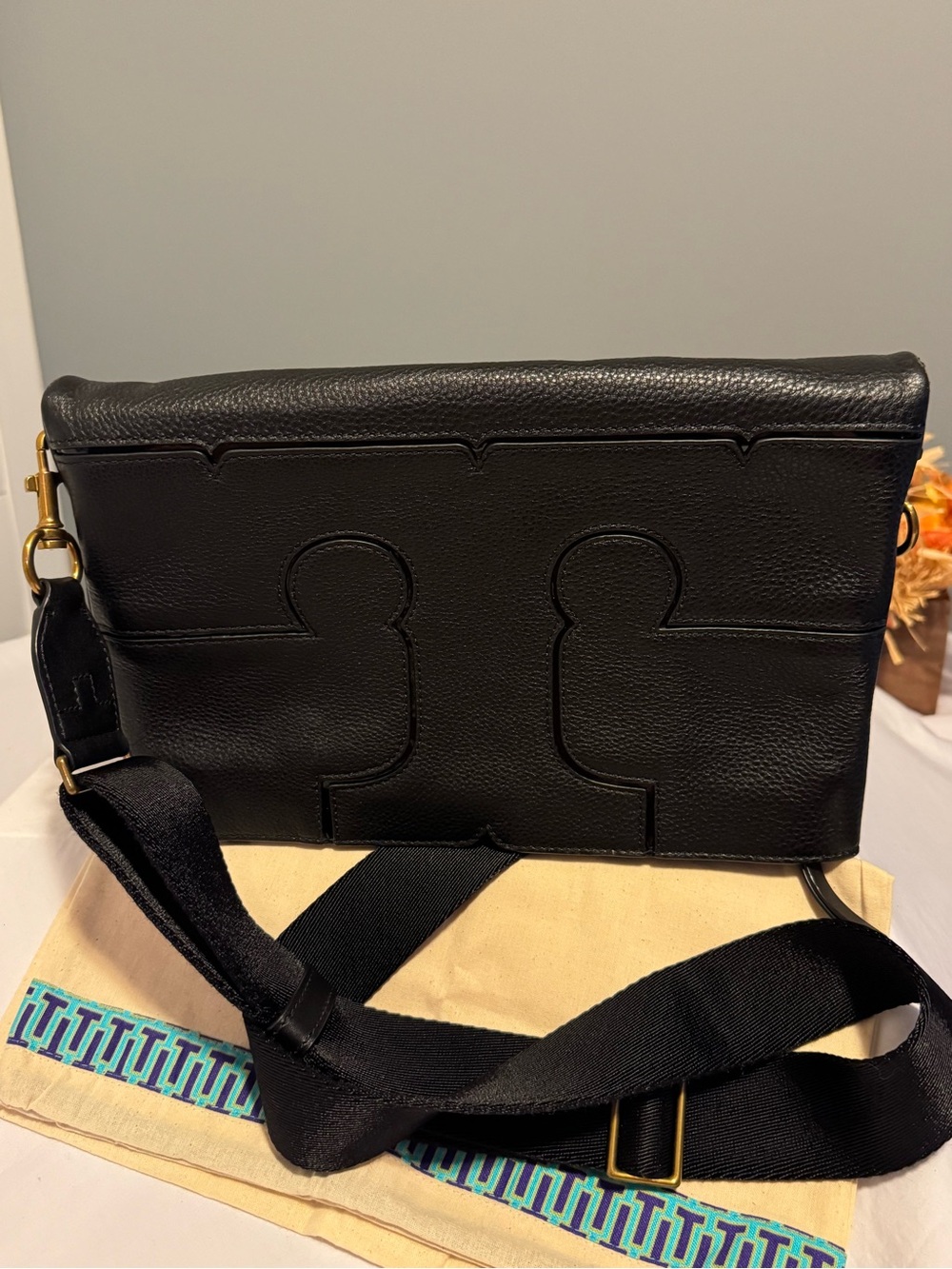 Tory Burch Thea Web Large Black Leather Crossbody Shoulder Bag